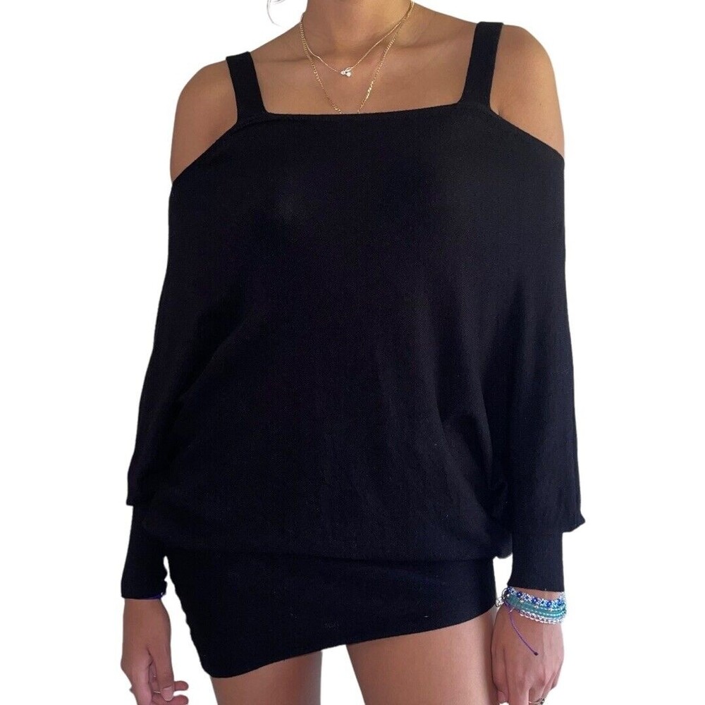 Zara Knit Top Off The Shoulders Black asymmetric Hem Bat Sleeves Womens Size M